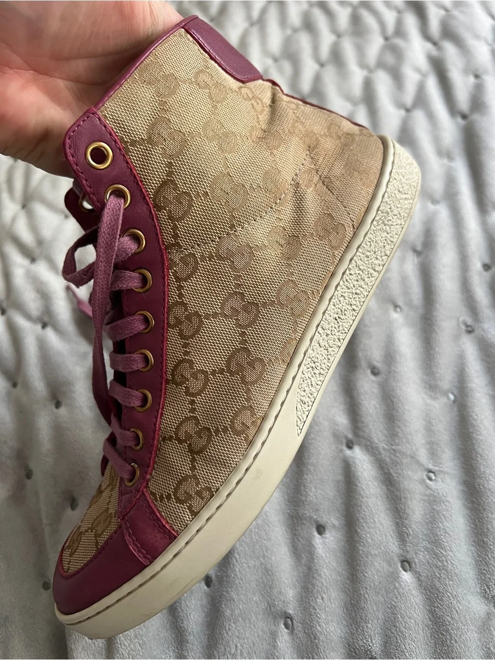 Gucci Beige GG Canvas High-Top Sneakers with Pink Trim